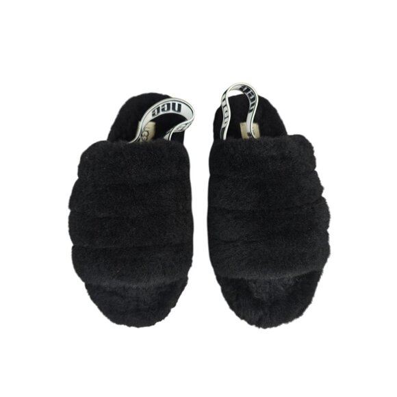 Ugg Women's Fluff Yeah Black Furry Sheepskin Slide Slippers Slingback Strap Sz 7 - Picture 1 of 8